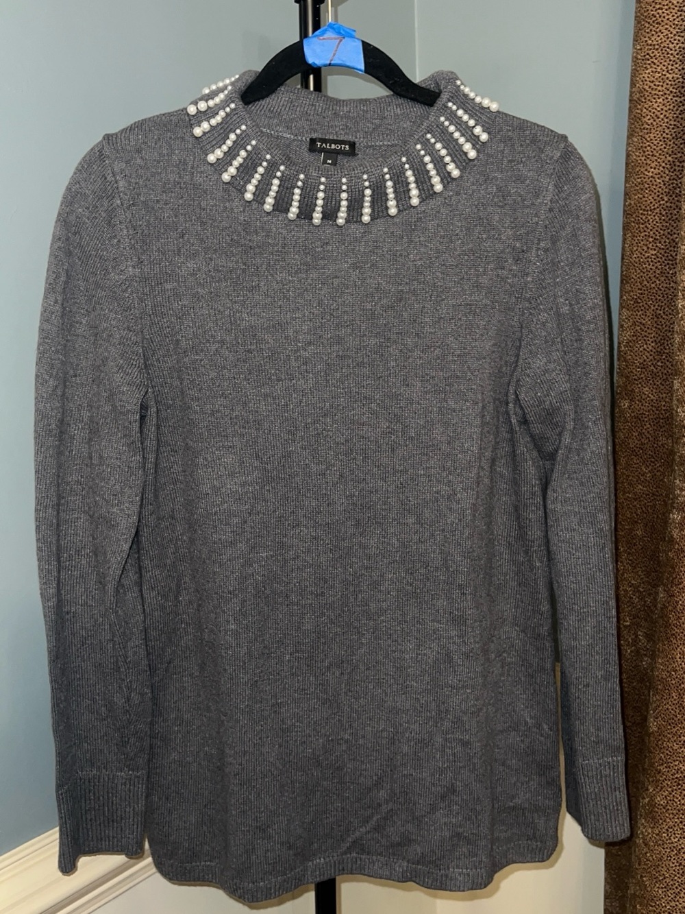 Talbots Gray Pearl-Trim Crewneck Sweater